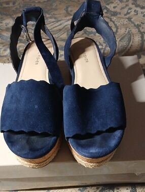 MARC FISHER- Navy Suede Scalloped Espadrille Wedges In Womens